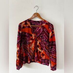 Silk Paisley Tie-Front Women's Top - Red & Purple